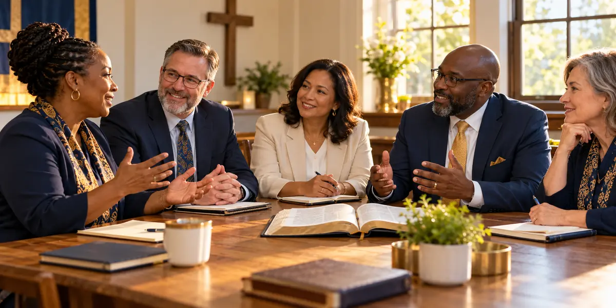Illustration of ministry leaders discussing Scripture together