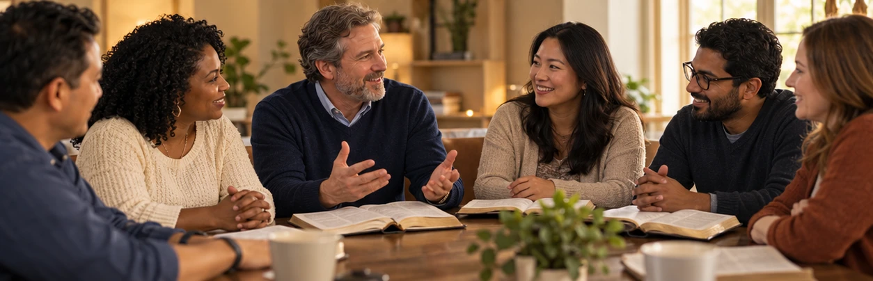 Adults sharing conversation and Bible study around a table