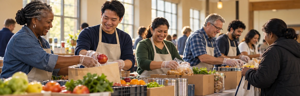 Volunteers from diverse backgrounds preparing food for community outreach
