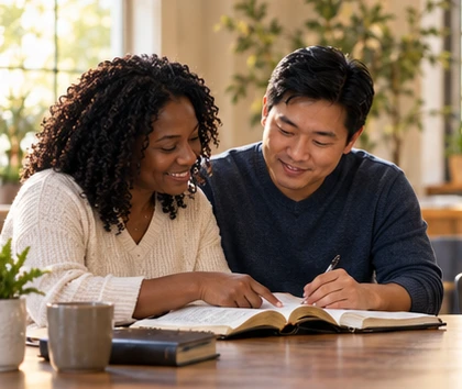 Two adult learners studying Scripture together